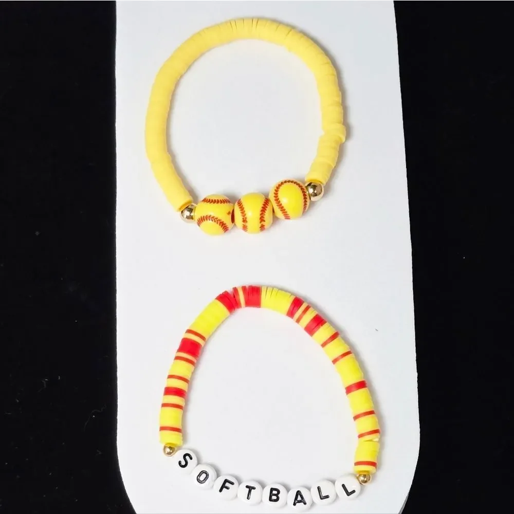 Softball Heishi Charm Bracelet Stack Set of 2 Team Spirit Yellow Red Sports Fan